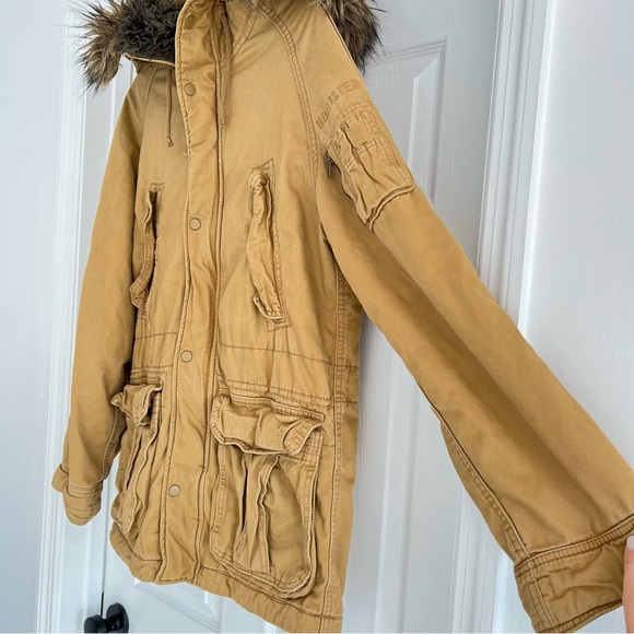HOLLISTER Hooded Faux Fur Fully Lined Jacket Utility Coat Tan Khaki S - Picture 4 of 12